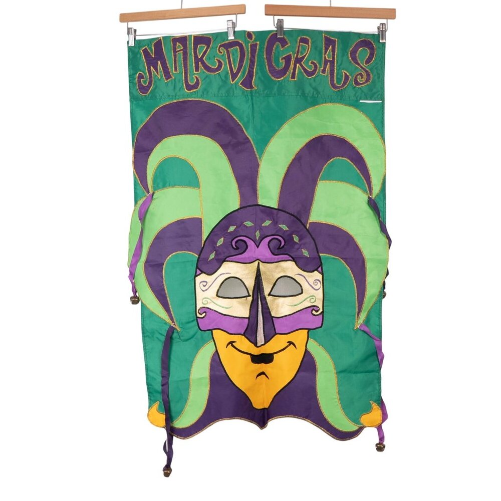 Mardi Gras Jester Bells Outdoor Hanging House Flag Decor Banner Green Purple - Picture 5 of 5